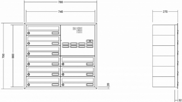 Leabox Briefkastenanlage Unterputz, Alu - Putzabdeckrahmen, waagerechte Kästen, Kastenformat 370x110x270mm, mit Klingel - und Lichttaster und Vorbereitung Gegensprechanlage, 9-teilig